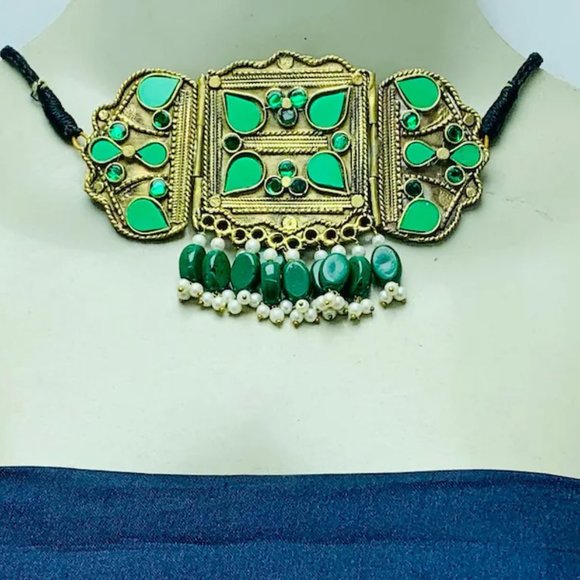 Handmade Jewelry Set, Green Amulet Cum Choker Style Necklace With Earrings - Picture 1 of 7